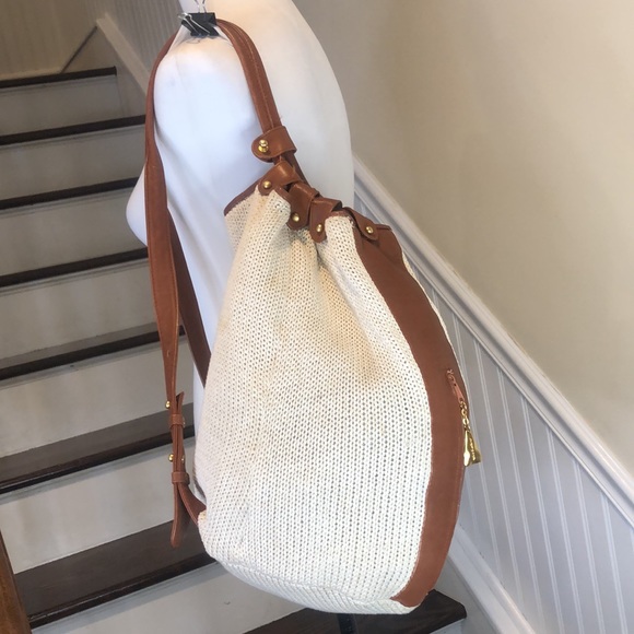 SHARIF AMERICANA Knit Leather Accent Drawstring Bucket Backpack Sling Bag - Picture 6 of 17